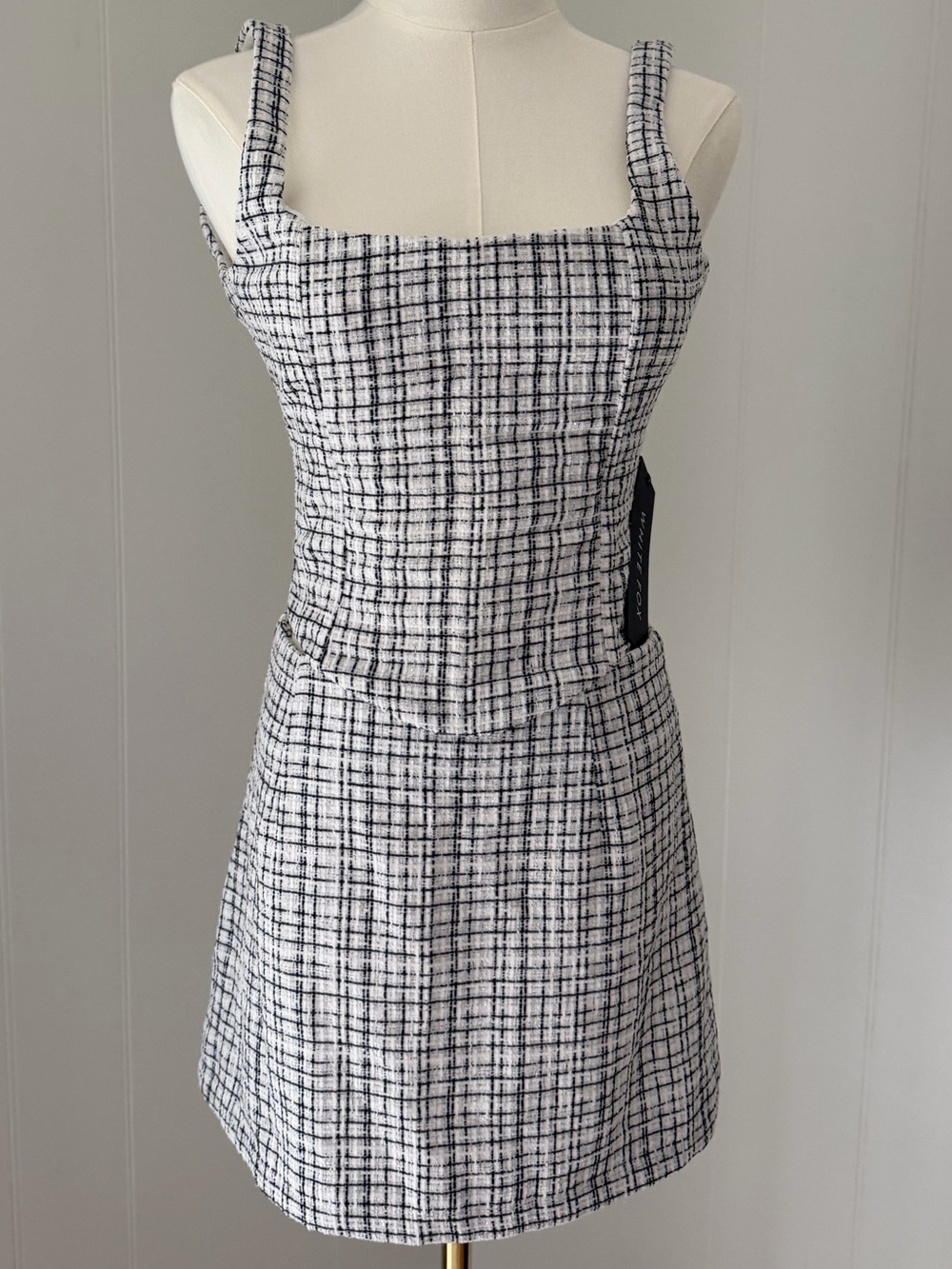 Brand New White Fox Boutique Black & White Plaid Tweed Square-Neck Matching Set